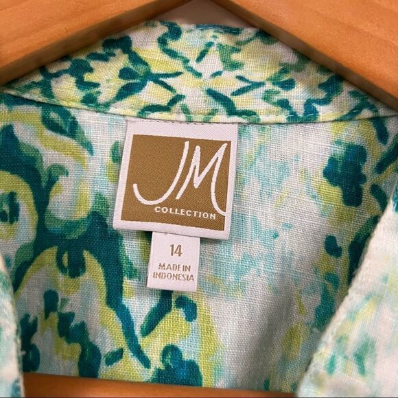👠JMcollection linen button down bold print with cinched sleeves. Size 14 - Picture 8 of 9